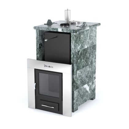 Газовая печь для бани ИзиСтим «Сочи» в трёхстороннем кожухе из змеевика в Хабаровске