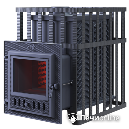 Дровяная банная печь Гефест ЗК в сетке-18 (М) чугунная дверца со стеклом, запатентованная каменка сетка в Хабаровске